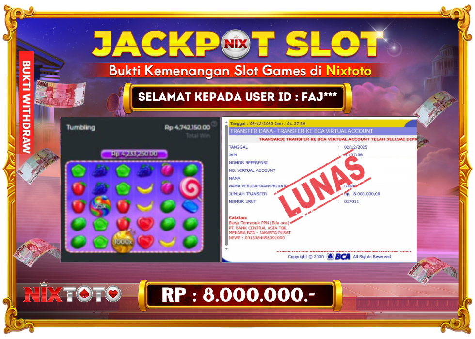 🎰 NIXTOTO JACKPOT SLOT Rp. 8.000.000 LUNAS 🎉