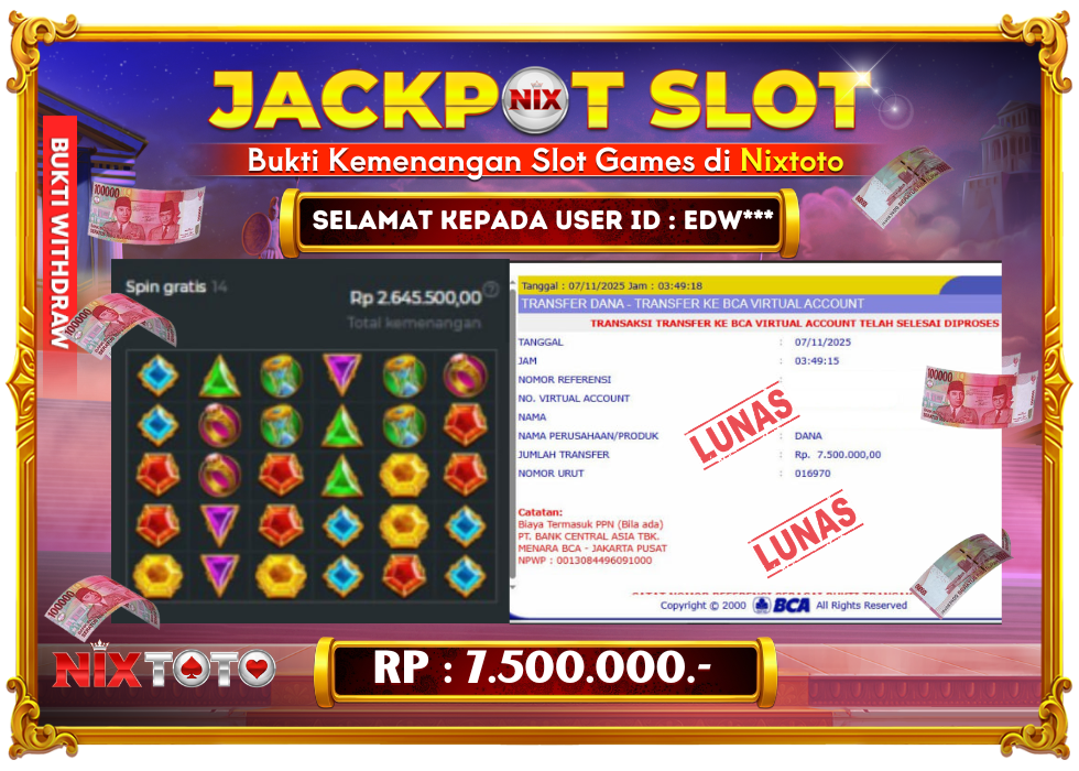 🎰 NIXTOTO JACKPOT SLOT Rp. 7.500.000 LUNAS 🎉