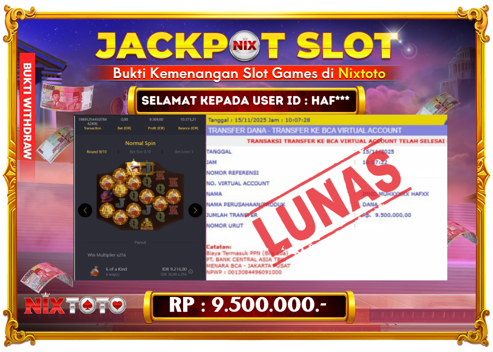 🎰 NIXTOTO JACKPOT SLOT Rp. 9.500.000 LUNAS 🎉