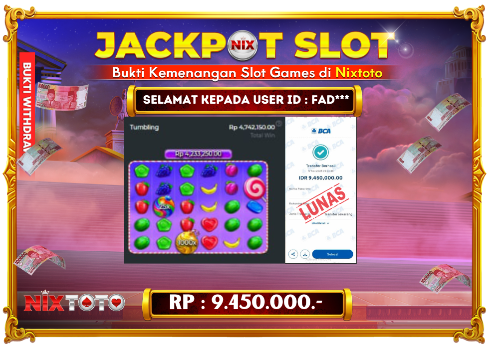 🎰 NIXTOTO JACKPOT SLOT Rp. 9.450.000 LUNAS 🎉