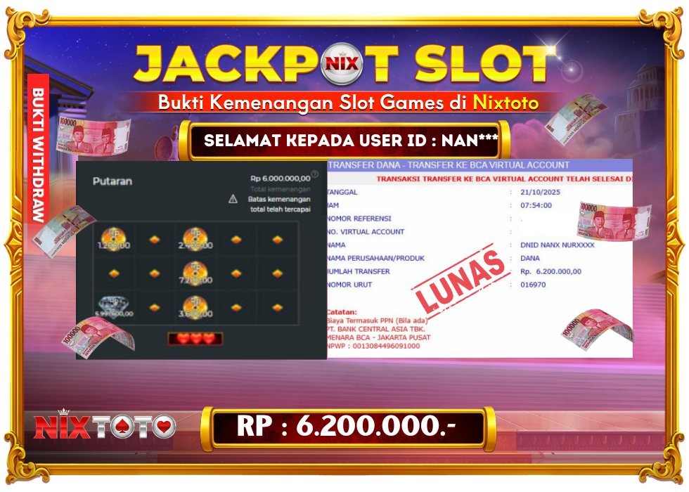 🎰 NIXTOTO JACKPOT SLOT Rp. 6.200.000 LUNAS 🎉